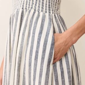Jacqui E Navy and Cream Striped Midi Dress